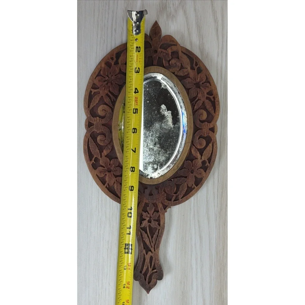 Rare Unique Lovely Antique Carved Wood / Floral Hand Mirror 15